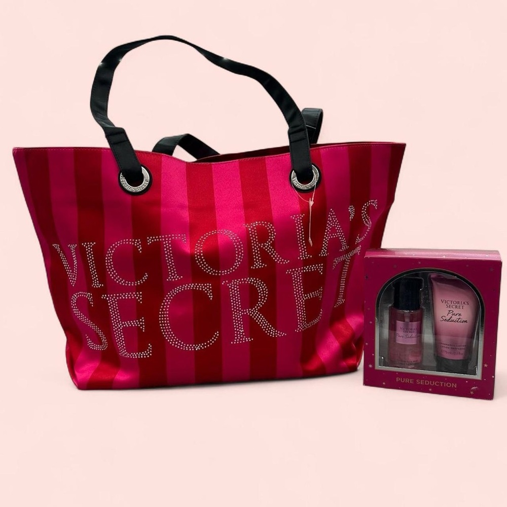 (New/Set) VS Red and Pink Striped Tote with Fragrance Giftset